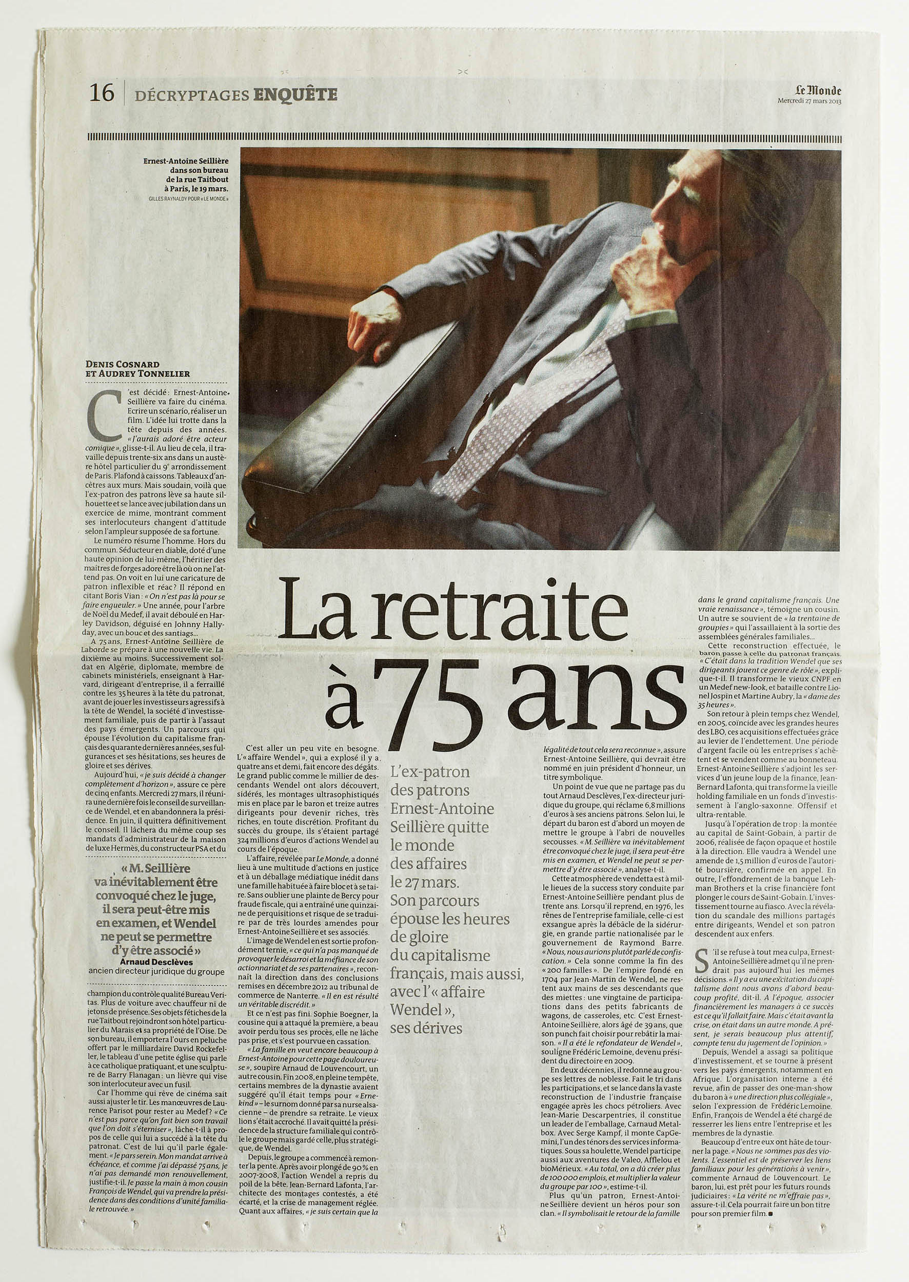 Ernest-Antoine Seillière in his office, Paris. Commissioned by Le Monde, 2013.