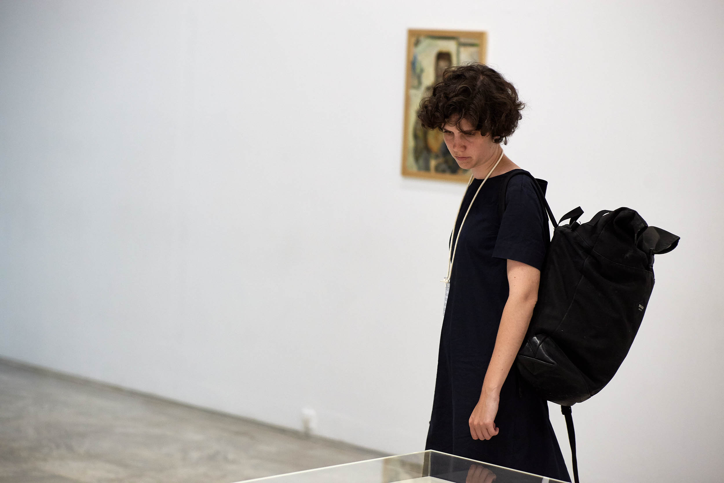 A visitor at the Athens Conservatoire (Odeion), Athens, 2017